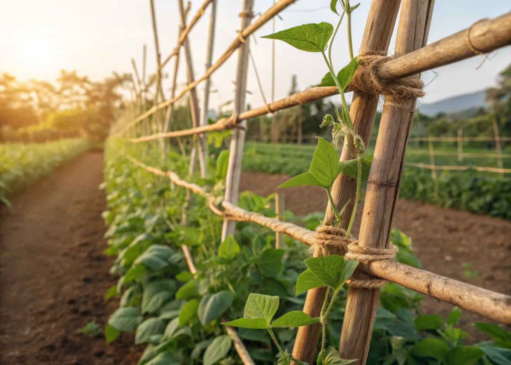 A DIY bamboo trellis tied with natural jute twine in a vegetable garden, green bean plants climbing up, warm sunlight, earthy tones, natural photography style.