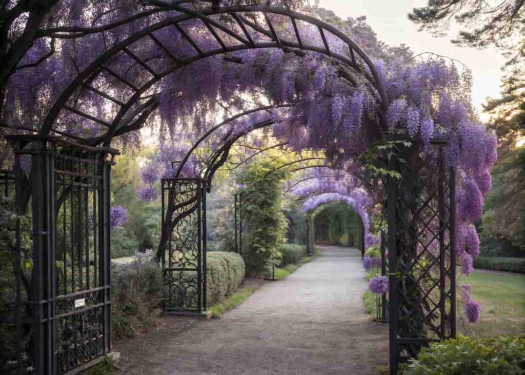 A black wrought iron arch trellis covered with purple wisteria flowers in a formal garden, pathway leading through the arch, dreamy soft light, professional garden photography.