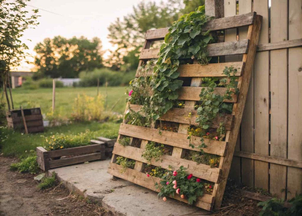 A rustic wooden pallet repurposed as a garden trellis with ivy and small flowering plants climbing through the slats, outdoor setting, farmhouse aesthetic, natural daylight photography.