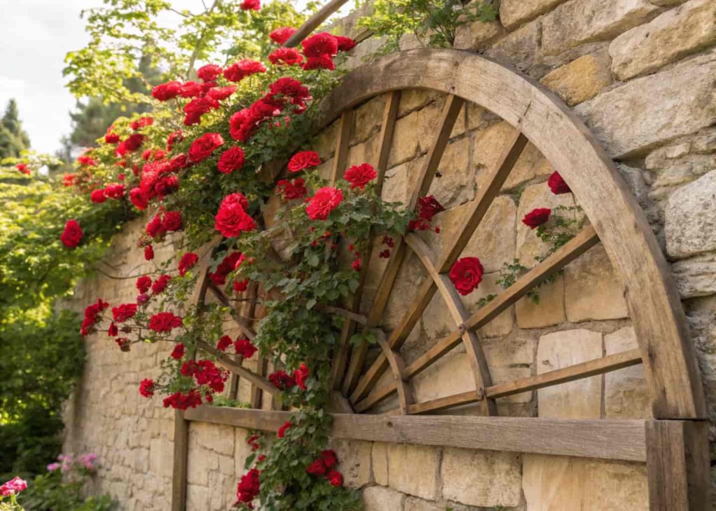 A wooden fan-shaped trellis mounted on a stone wall with a climbing red rose trained across it, summer garden, bright natural light, close-up realistic photography.