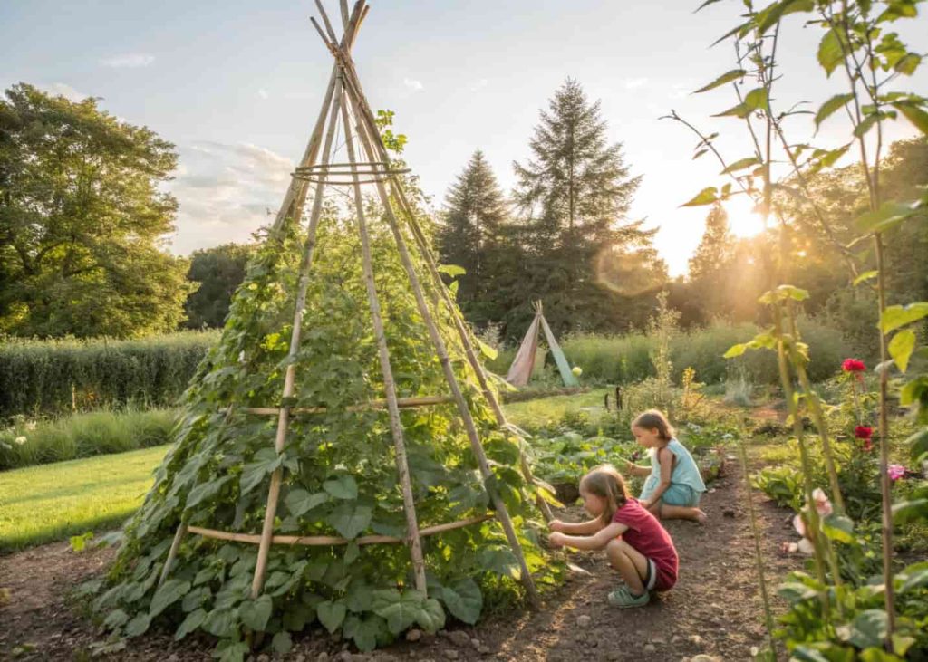 A bamboo teepee wigwam trellis in a lush vegetable garden covered with climbing beans, playful garden setting, children's garden style, warm afternoon sunlight, vibrant colors.