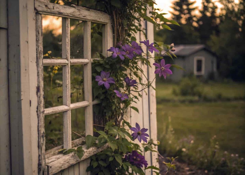 A vintage white painted window frame repurposed as a garden trellis with purple clematis flowers growing through it, rustic cottage garden, soft evening light, nostalgic photography style.
