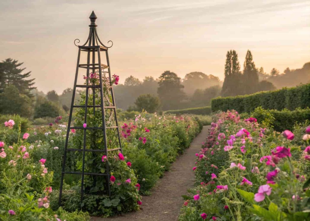 A tall black metal obelisk garden trellis in the center of a colorful flower bed with pink sweet peas spiraling up the sides, lush garden background, golden hour photography.