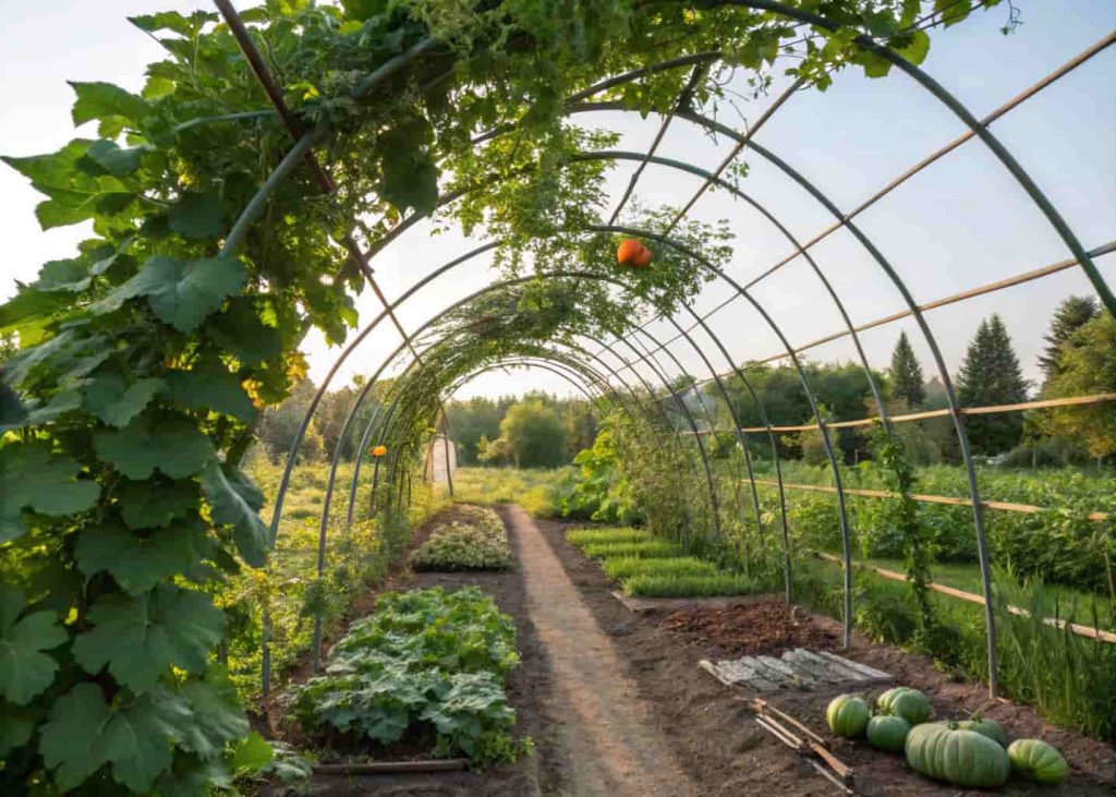 A cattle panel arch trellis in a productive vegetable garden with large green squash and melon plants growing over it, rustic farm garden, bright summer daylight, wide angle photography.