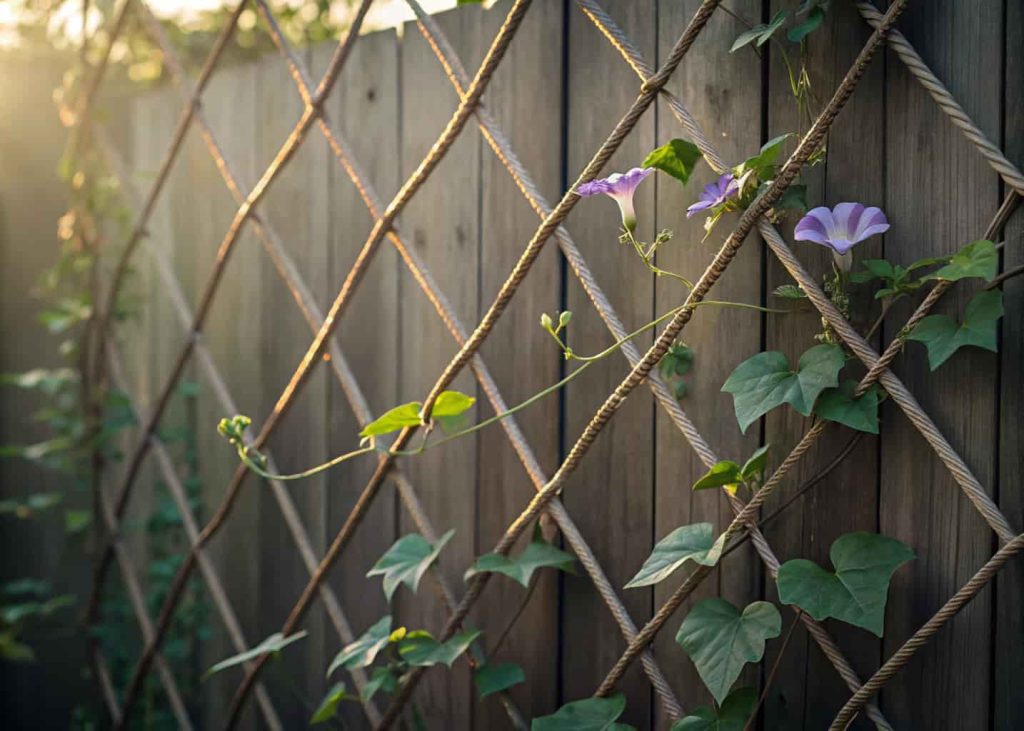 A string and nail trellis pattern on a wooden fence with delicate morning glory vines growing through the twine, geometric diamond pattern, close-up, soft morning light, artistic garden photography.