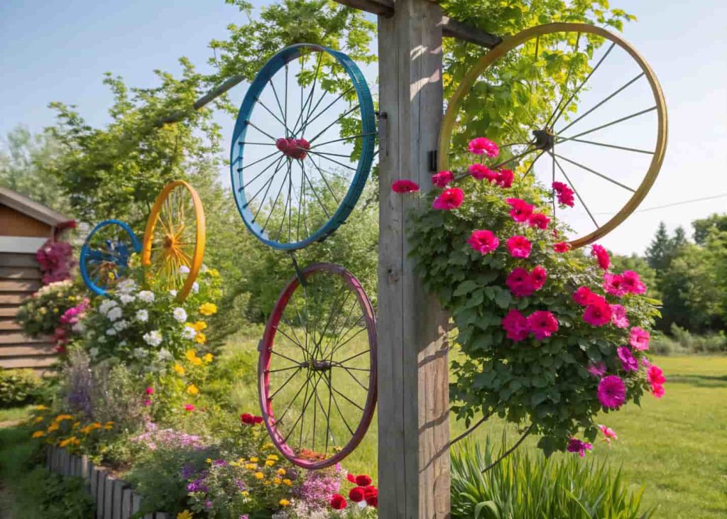 Old colorful bicycle wheels mounted on a post as a garden trellis with flowering vines growing through the spokes, whimsical quirky garden setting, sunny day, vibrant creative photography.