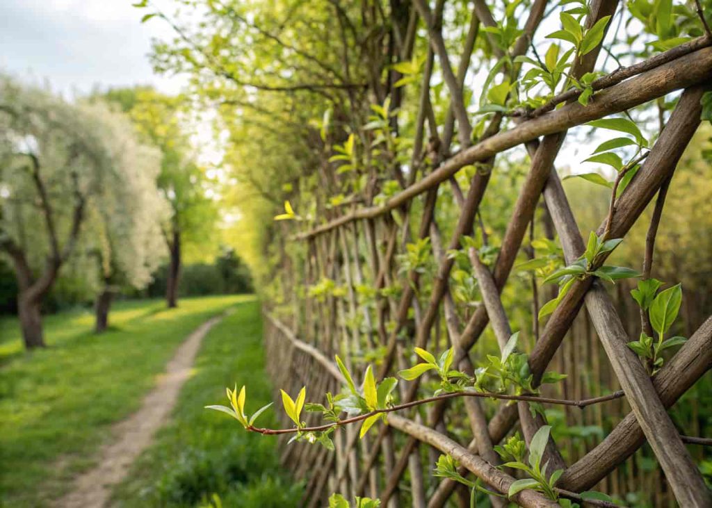 A living willow trellis woven into a wall of green leaves in a garden, lush natural setting, fresh spring leaves budding from the willow rods, soft natural daylight photography.
