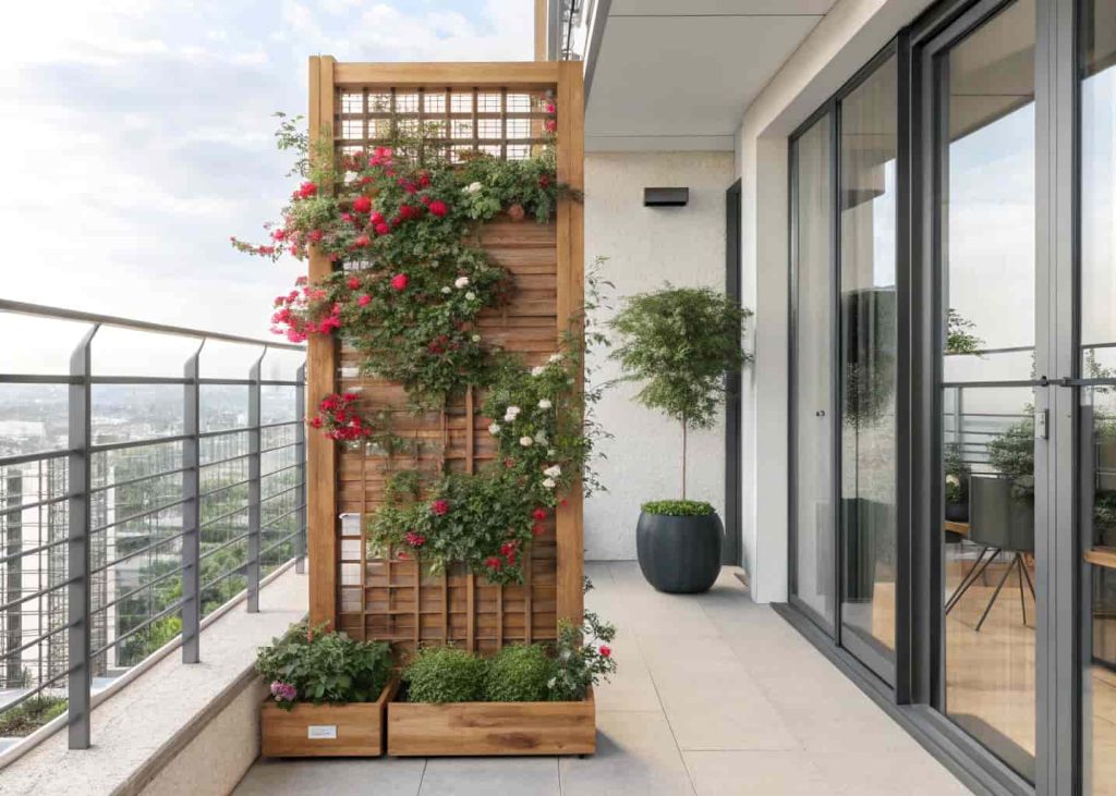 A wooden trellis panel with small planters attached at the base on a city balcony, climbing plants and trailing flowers, compact urban garden, modern apartment setting, bright daylight photography.