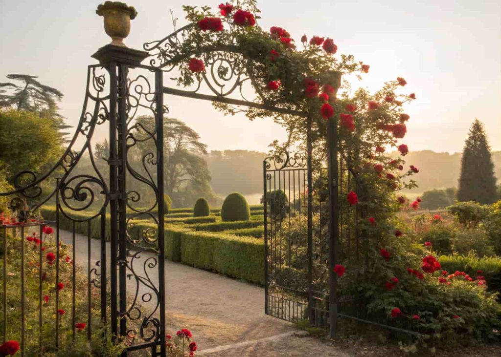 An ornate black wrought iron trellis with intricate scrollwork covered in blooming red climbing roses, formal English garden setting, warm golden sunlight, elegant and timeless photography.