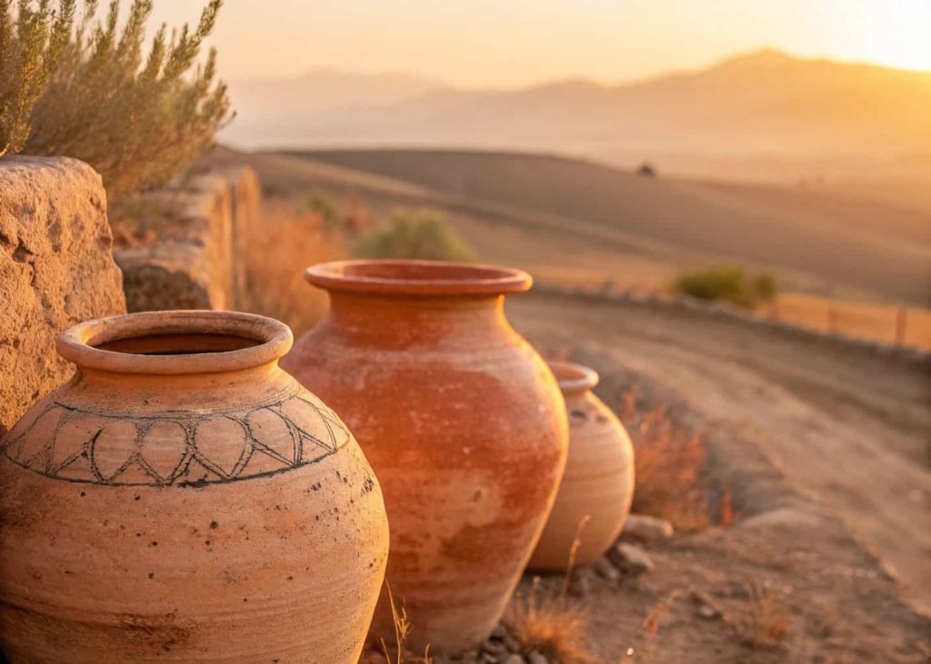 A close-up of rustic terracotta clay pots under golden afternoon sunlight, warm peach and burnt orange tones, soft bokeh background, desert landscape, earthy Mediterranean feel, editorial photography style.
