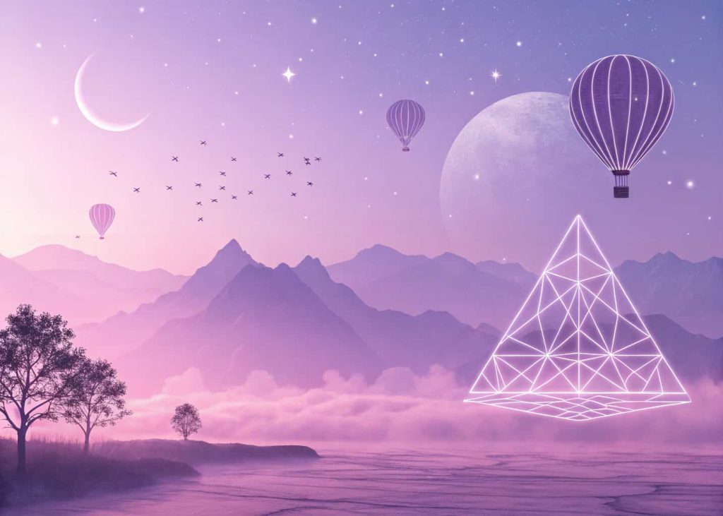 Soft lavender and violet pastel tones, dreamy digital illustration style, glowing gradient sky, minimal futuristic aesthetic, floating geometric shapes, light purple mist atmosphere, high-end beauty brand editorial look.