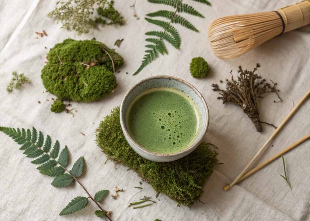 Overhead flat lay of matcha tea in a ceramic bowl, surrounded by green moss, ferns, and dried herbs on a linen surface, muted forest greens, soft natural light, Japanese-inspired minimalist styling, lifestyle photography.