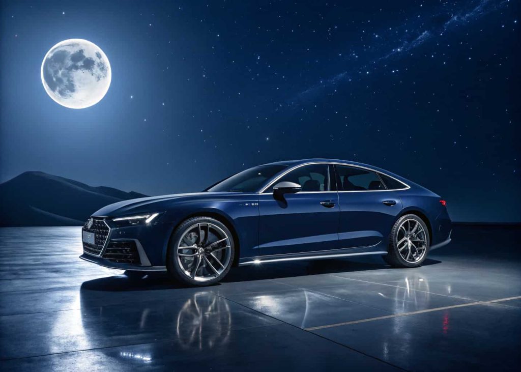 Dark midnight blue and chrome silver metallic surfaces, luxury tech product photography, polished metal reflections, deep navy background, moonlight-inspired cool lighting, high contrast editorial, futuristic minimalism, premium brand aesthetic.