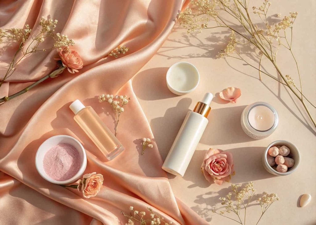 Soft peach and cream-toned flat lay with silk fabric, dried flowers, delicate ceramics, and skincare products, warm pastel light, feminine minimalist styling, luxurious texture detail, spa and wellness editorial photography vibe.