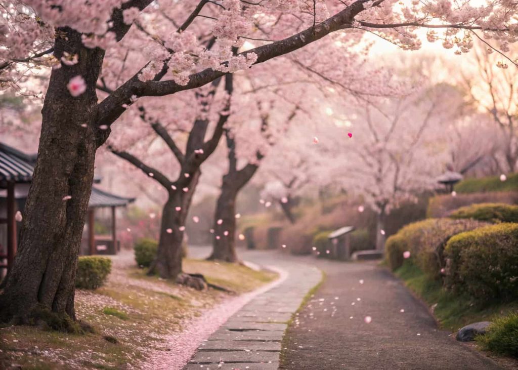 Cherry blossom trees in full bloom, pink petals falling in soft afternoon light, romantic and dreamy atmosphere, shallow depth of field, pastel pink and rose tones, Japanese garden setting, soft-focus lifestyle photography, spring editorial mood.