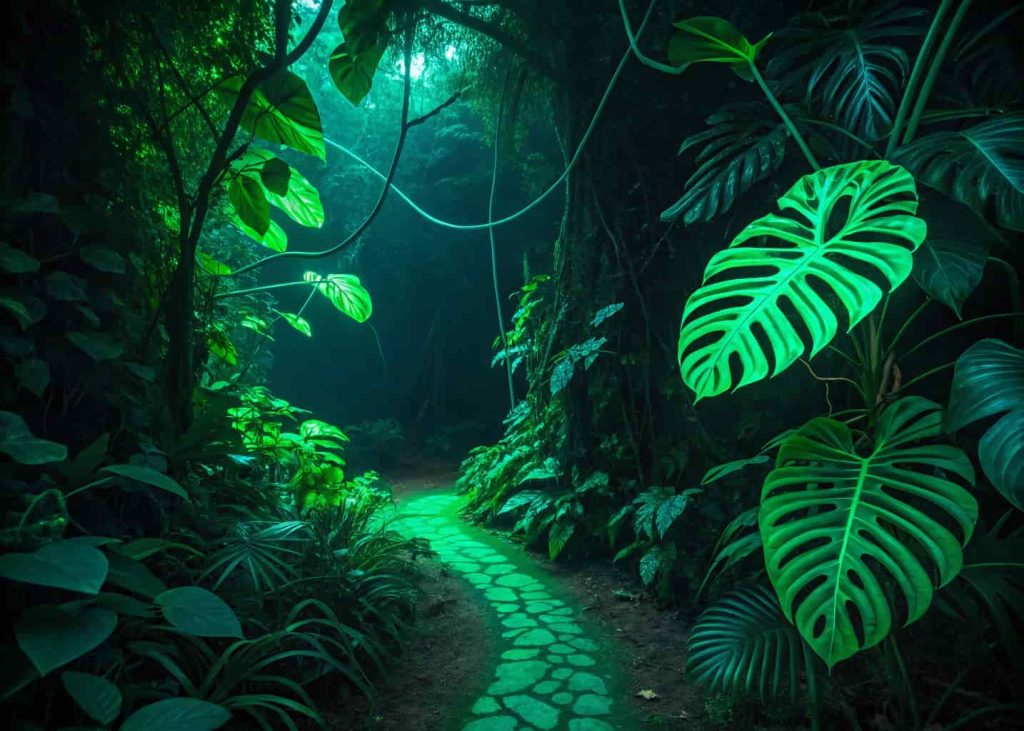 Electric neon green jungle aesthetic, dark background with glowing acid green tropical leaves and vines, cyberpunk meets nature, ultraviolet light photography style, rave-inspired visual energy, high contrast, futuristic lush wilderness editorial composition.
