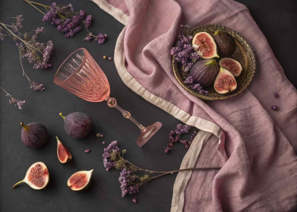 Luxury flat lay with fresh figs, dusty rose dried flowers, aged wine glass, linen fabric in mauve and blush tones, dark fig-colored background accents, editorial food and lifestyle photography, warm moody lighting, sophisticated feminine aesthetic.