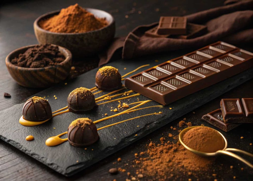 Artisan chocolate and caramel flat lay, dark cacao powder, golden caramel drizzle, warm amber tones, handcrafted chocolate pieces on dark wooden surface, moody warm studio lighting, luxury food editorial photography, rich tactile textures, indulgent and sophisticated.