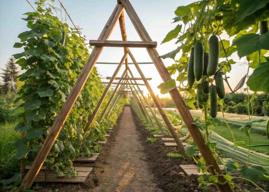 Wooden A-frame trellis in a vegetable garden with cucumber vines growing up both sides, green cucumbers hanging, sunny afternoon light