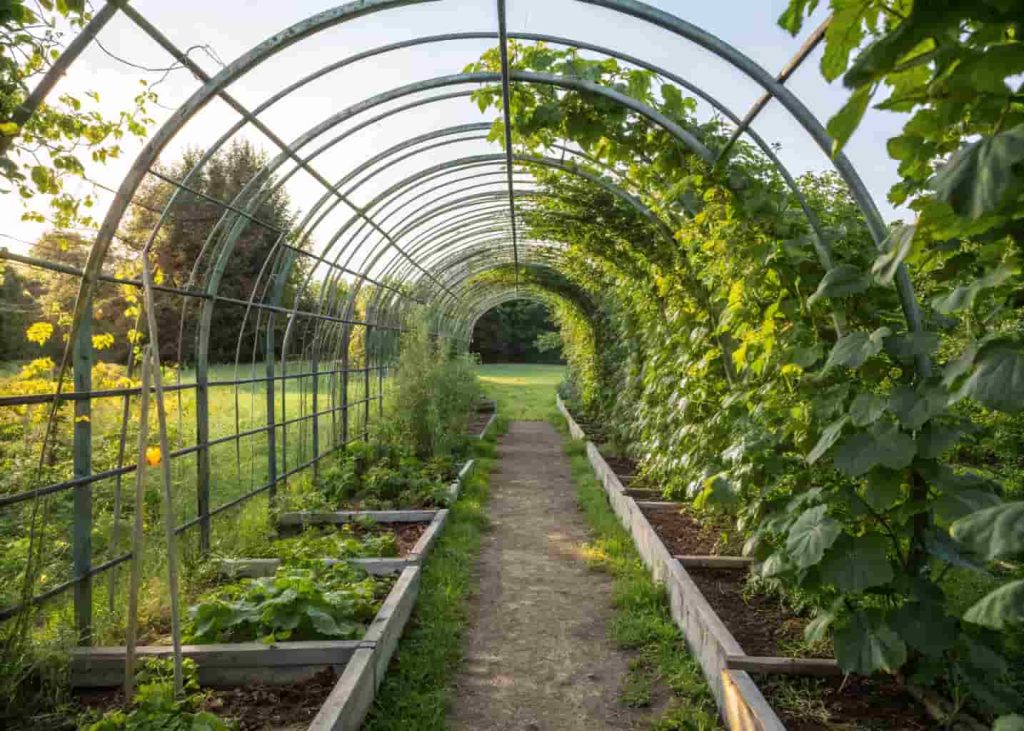 Metal cattle panel arched over raised garden beds forming a tunnel, cucumber plants climbing the arch, green garden setting, natural daylight photography