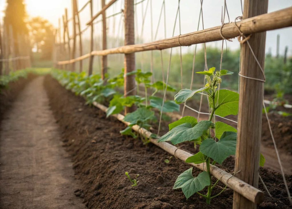 Simple garden trellis made of wooden stakes and horizontal twine strings, young cucumber plants beginning to climb, garden row setting, warm daylight