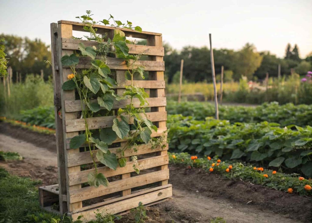 Rustic wooden pallet standing upright as a garden trellis with cucumber vines climbing through the slats, vegetable garden background, natural lighting