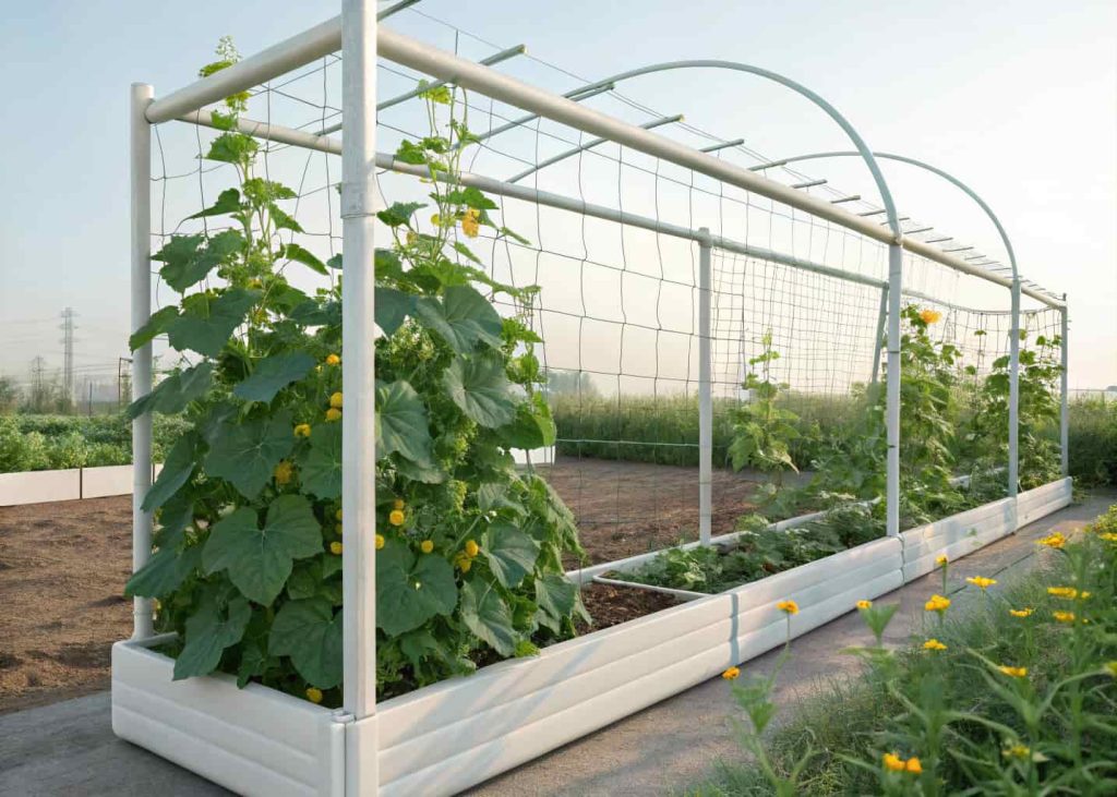 White PVC pipe trellis frame with green garden netting in a raised bed, cucumber plants climbing up, bright summer garden, realistic photography