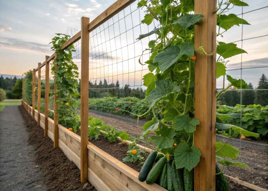 Vertical cattle wire panel trellis between wooden posts in a raised garden bed, cucumber vines climbing, ripe cucumbers visible, daylight garden photo