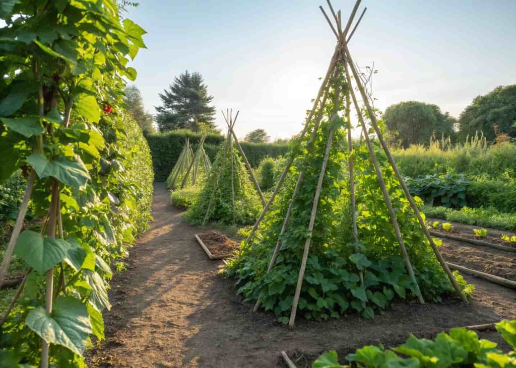 amboo teepee trellis in a garden with cucumber vines climbing up each pole, green leaves, natural sunlight, outdoor vegetable garden photography