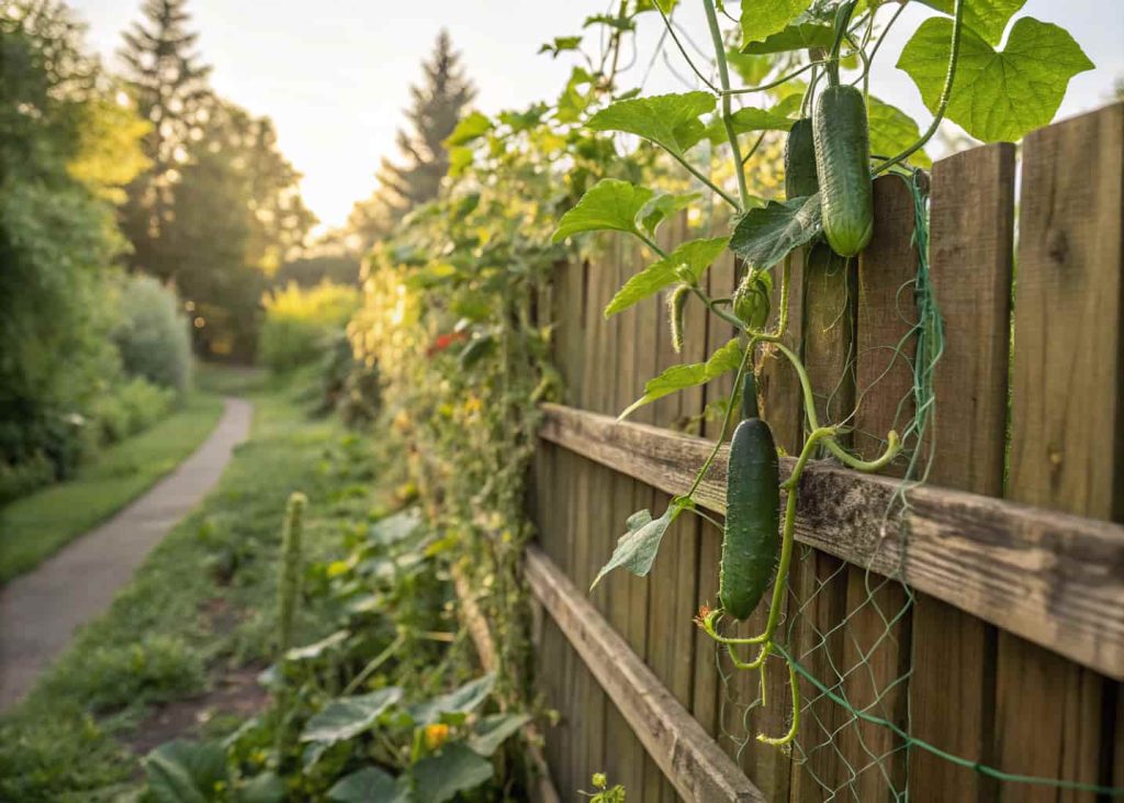 Cucumber plants growing up a wooden backyard fence with garden netting attached, green vines and cucumbers, warm garden setting, natural photo
