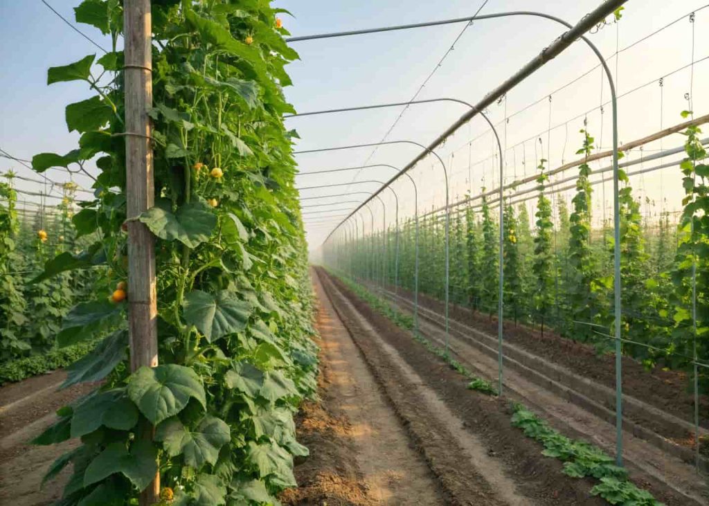 Metal T-post trellis with horizontal wire rows in a large garden, cucumber vines climbing up, long garden row, natural bright daylight, realistic style