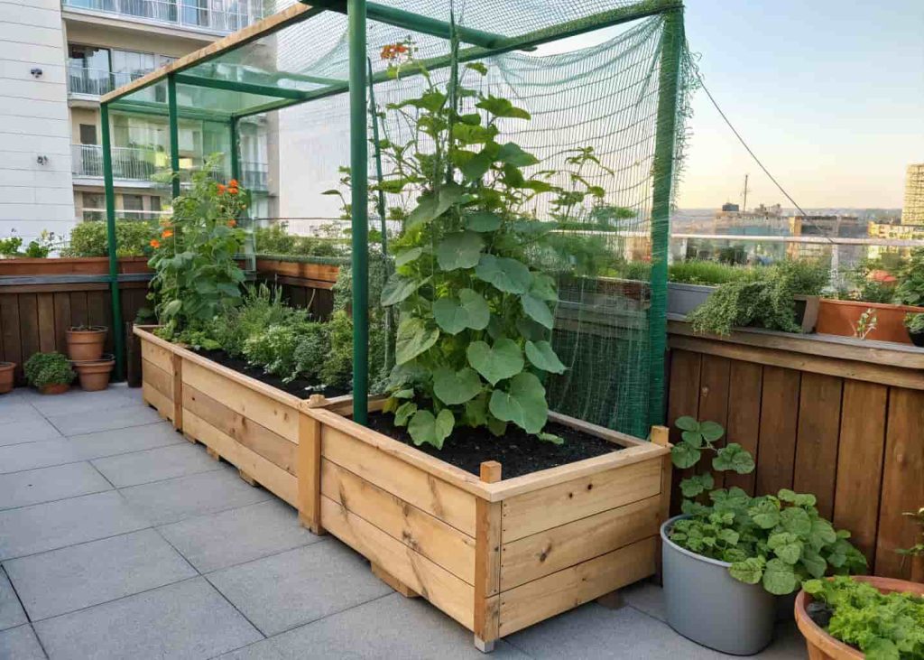 Raised wooden garden bed with corner trellis and green netting, cucumber plants growing upward, urban garden setting, bright natural lighting