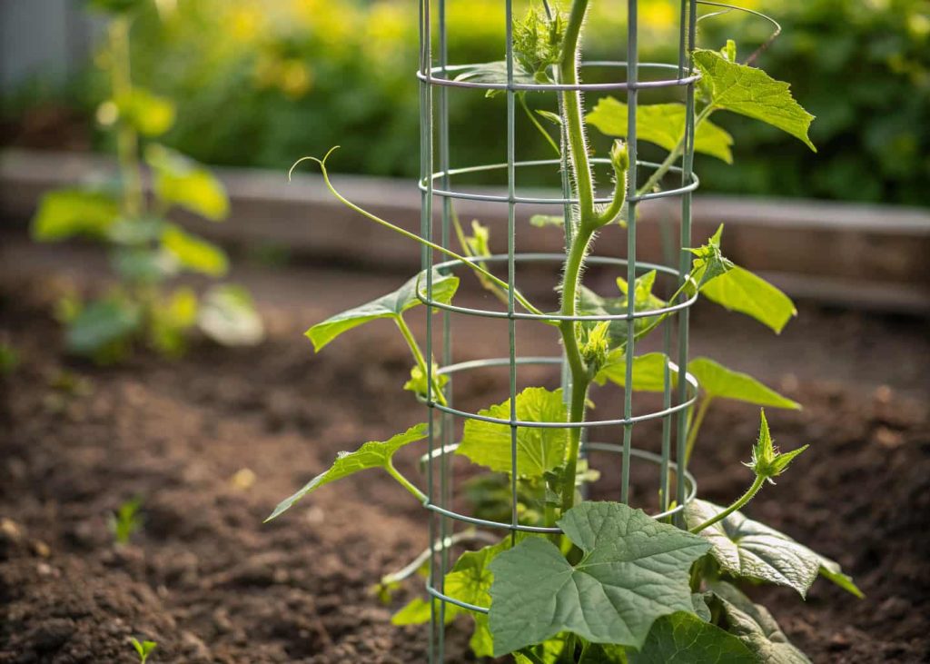 Metal tomato cage repurposed as cucumber trellis, cucumber vines growing through the wire rings, garden bed setting, close-up photography, natural light