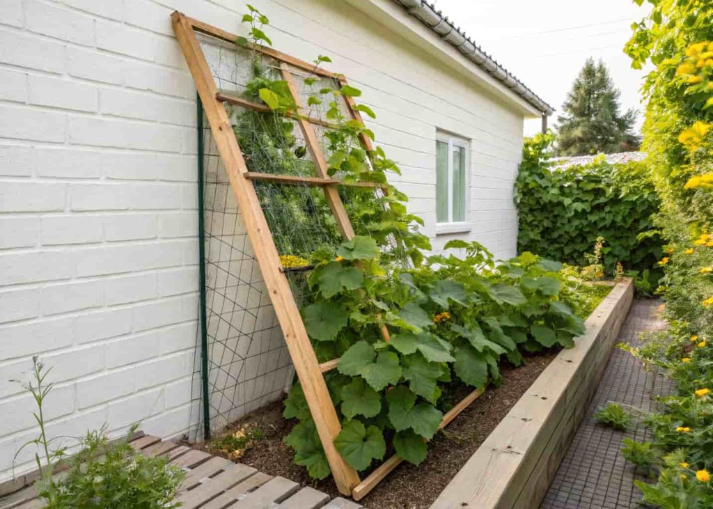 Angled lean-to trellis with netting leaning against a garden wall, cucumber plants climbing, green vines against a white wall, summer garden photography