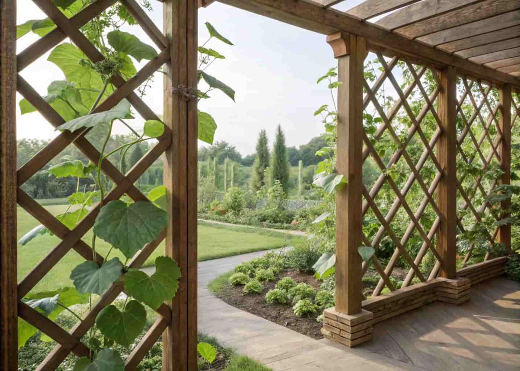Decorative wooden lattice trellis in a garden with cucumber vines growing through diamond pattern openings, green leaves, elegant garden style, natural daylight