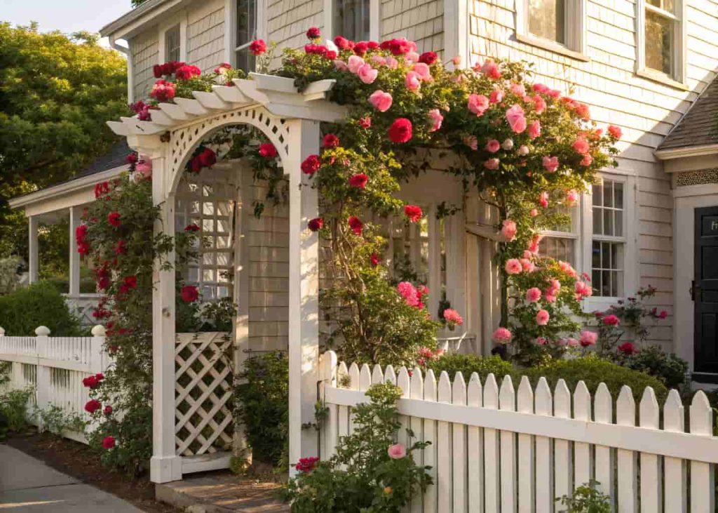 Classic white wooden trellis on front of house covered in pink and red climbing roses in full bloom, white picket fence, sunny day, photorealistic, detailed