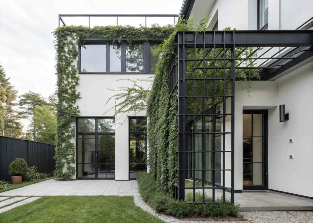 Sleek black metal trellis on modern house facade with evergreen climbing vines, minimalist design, dark frame, lush green leaves, architectural photography style