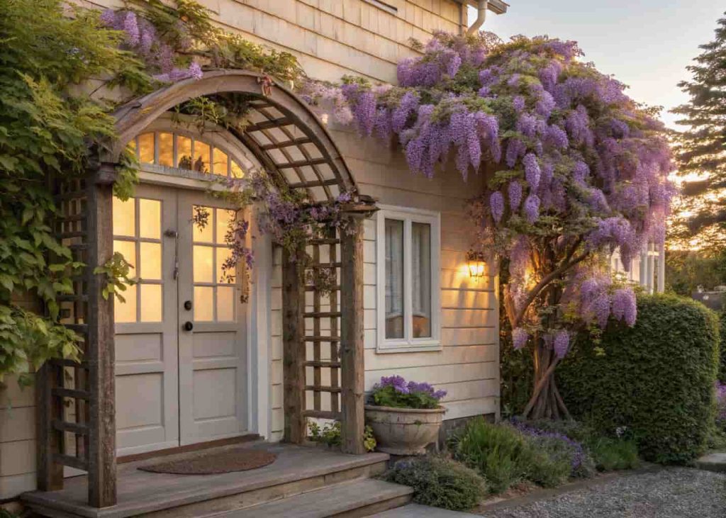 Beautiful arched wooden trellis over a front door covered in purple wisteria flowers and green leaves, charming cottage home exterior, golden hour lighting, photorealistic