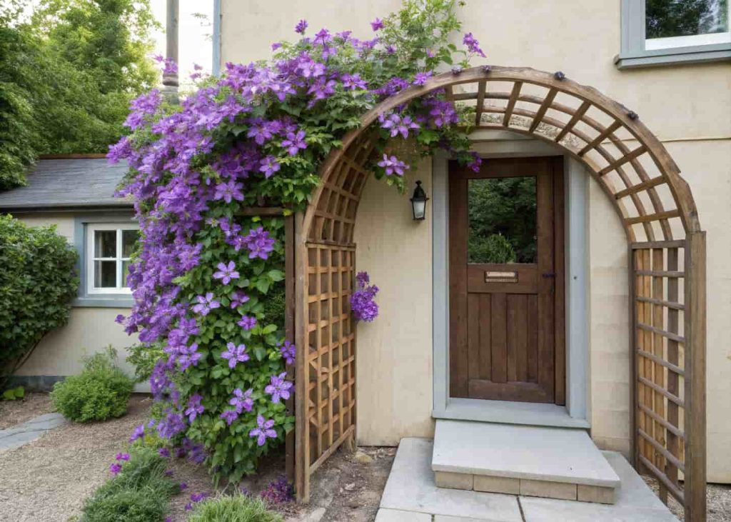 Fan-shaped wooden trellis mounted on a narrow house wall beside front door, covered in purple clematis flowers, small garden, compact entryway, natural daylight, realistic