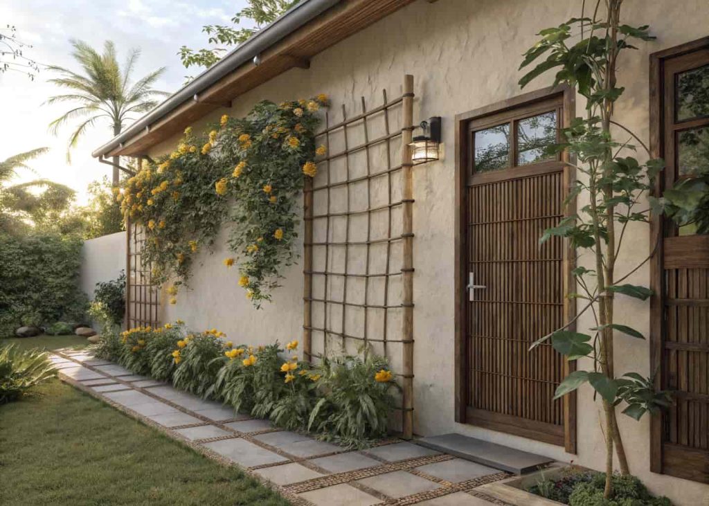 Rustic bamboo trellis on front of house wall with tropical climbing plants and yellow flowers, natural earthy aesthetic, warm sunlight, eco-friendly garden design, photorealistic