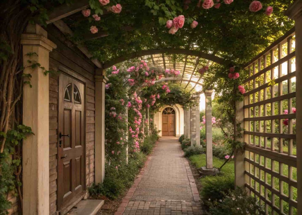 Garden pathway leading to front door lined with wooden trellis panels covered in pink roses and jasmine, green foliage archway, warm evening light, welcoming home exterior