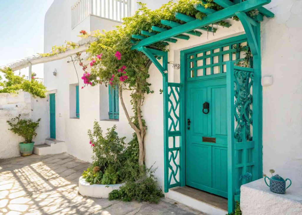 Vibrant turquoise painted wooden trellis against a white rendered house wall near front door, green climbing plants, Mediterranean style home exterior, bright sunlight, colorful