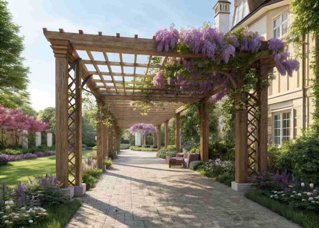 Freestanding wooden trellis pergola at front garden entrance covered in wisteria and rambling roses, grand garden pathway, sunlight filtering through leaves, photorealistic luxury home