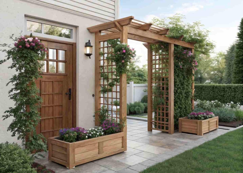 Wooden trellis with built-in planter boxes at front door, climbing clematis and trailing ivy, colorful seasonal flowers, layered garden design, welcoming entryway, photorealistic