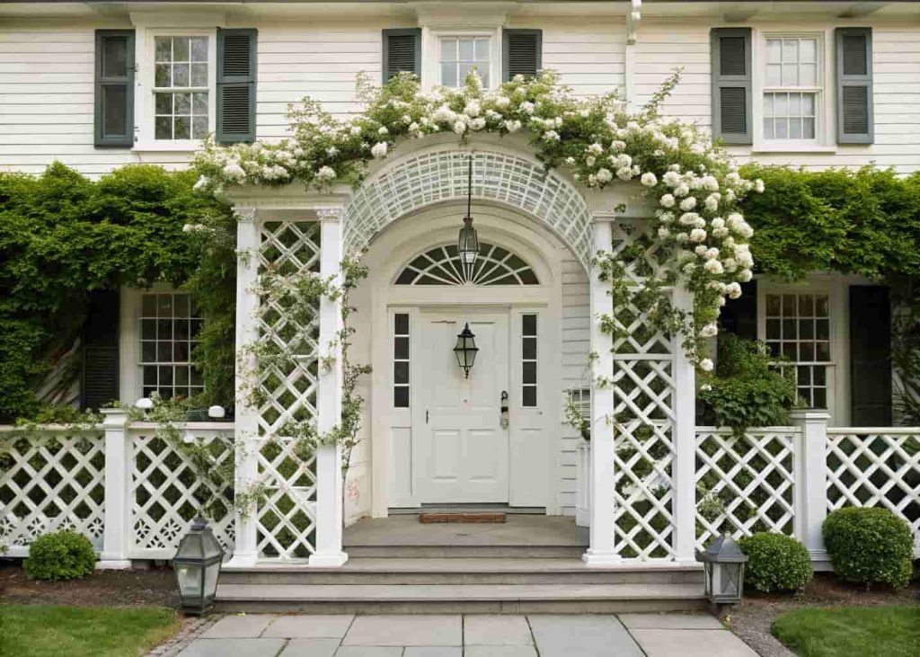 Formal diamond lattice trellis panels on either side of a grand front door, white painted wood, climbing hydrangea, Georgian style home, symmetrical design, architectural photography