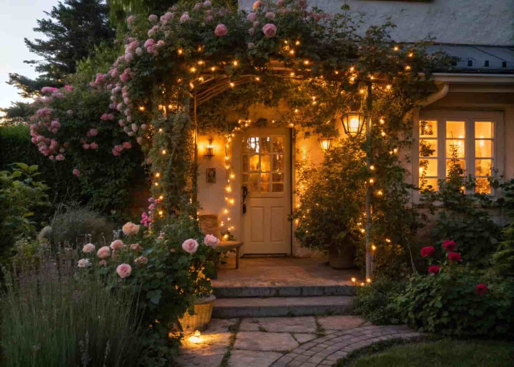 Front house trellis with climbing roses and fairy string lights glowing at dusk, warm golden light, cozy welcoming entrance, evening garden photography, romantic atmosphere
