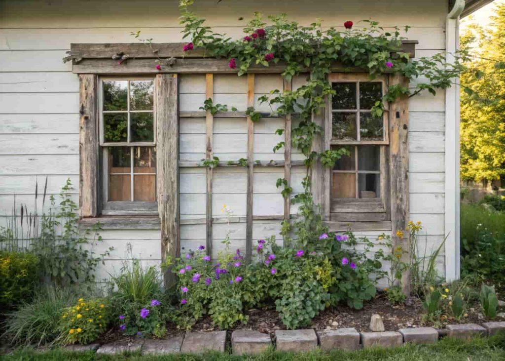 Creative upcycled trellis made from reclaimed wood and old window frames at front of house, climbing plants with small flowers, eco-friendly rustic garden design, natural daylight