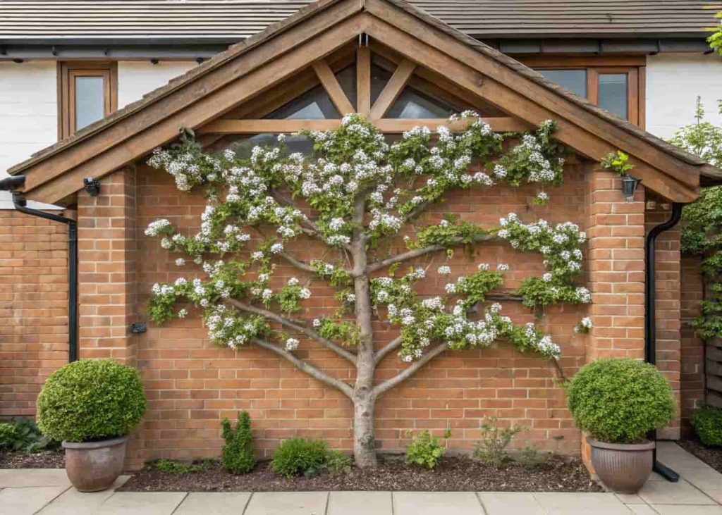 Espalier apple tree trained flat against a brick wall on wooden trellis at house front, geometric branch pattern, white apple blossom in spring, formal garden design, photorealistic