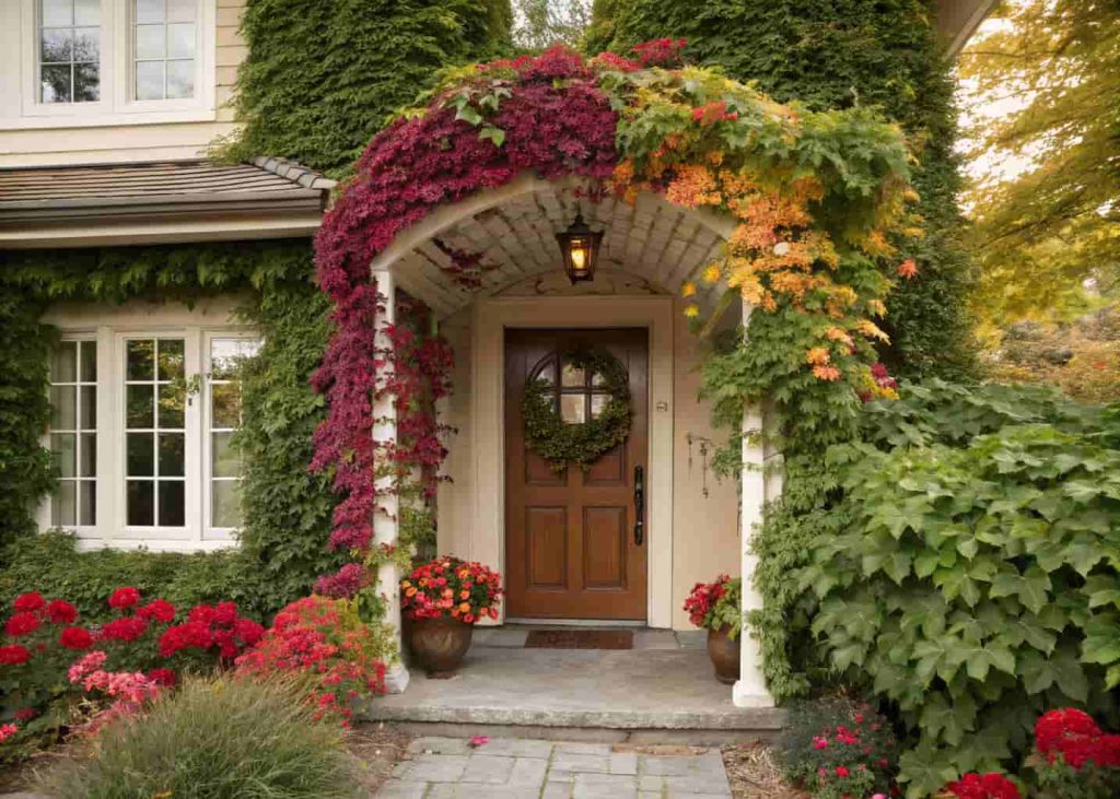 House front trellis with mixed evergreen ivy and colorful seasonal clematis and Virginia creeper, showing four seasons montage, lush year-round coverage, beautiful entryway, photorealistic
