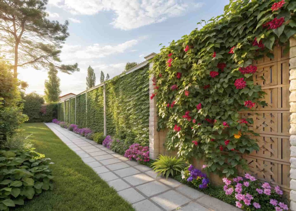 A lush vertical garden wall covered with colorful climbing trellis plants in a sunny backyard, wide angle, natural daylight, vibrant green leaves with blooming flowers, photorealistic style.